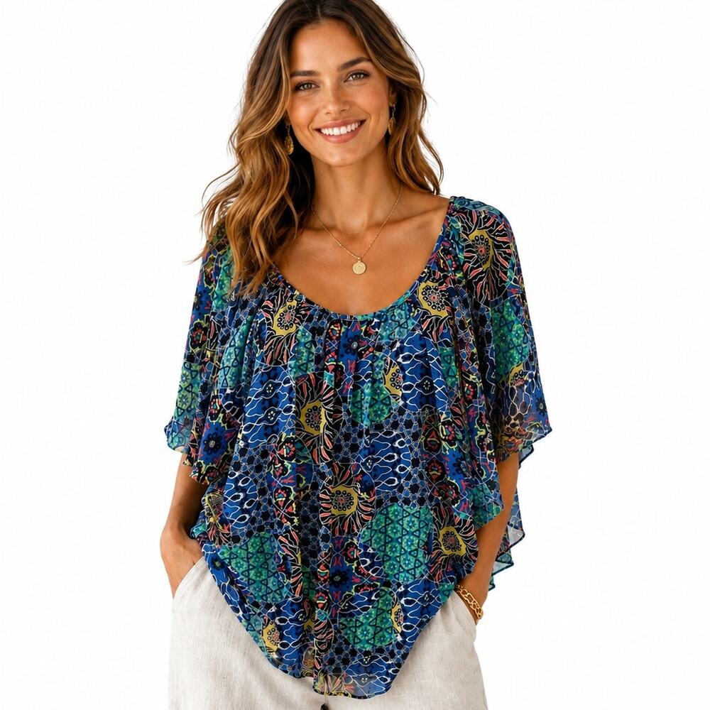 Cato Flowy Top Womens Medium Blue Floral & Attached Navy Tank Loose Relaxed